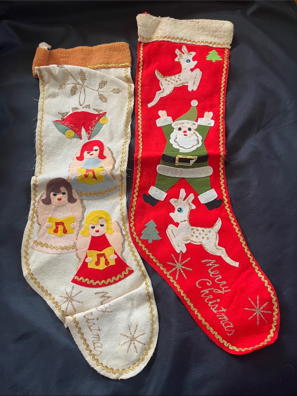 2 Vtg 50s Felt Christmas Stockings Santa Reindeer Angels Kitschy MCM Decor Japan